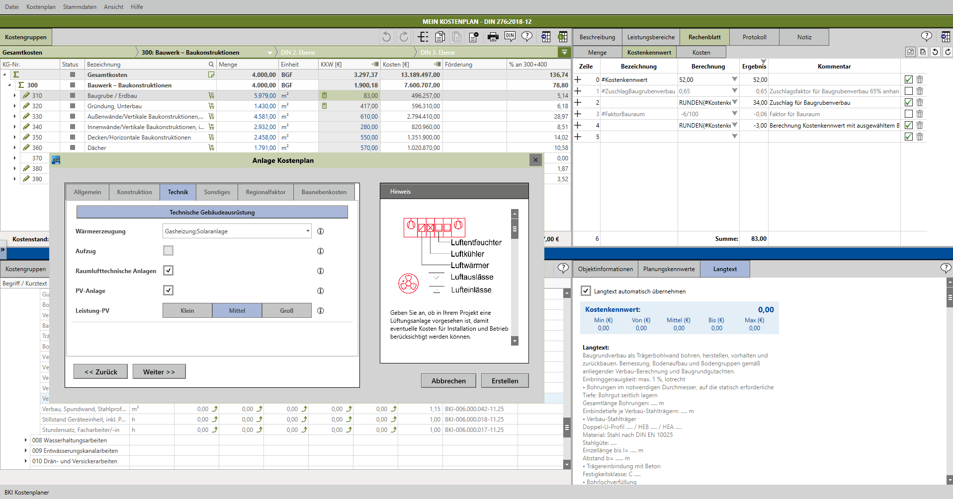Beispielansicht der Softwareoberfläche des BKI Kostenplaners 2026