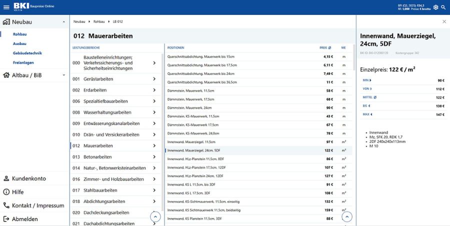 Beispielseite Baupreise online 2026 Anzeige Baupreise RGB, BKI