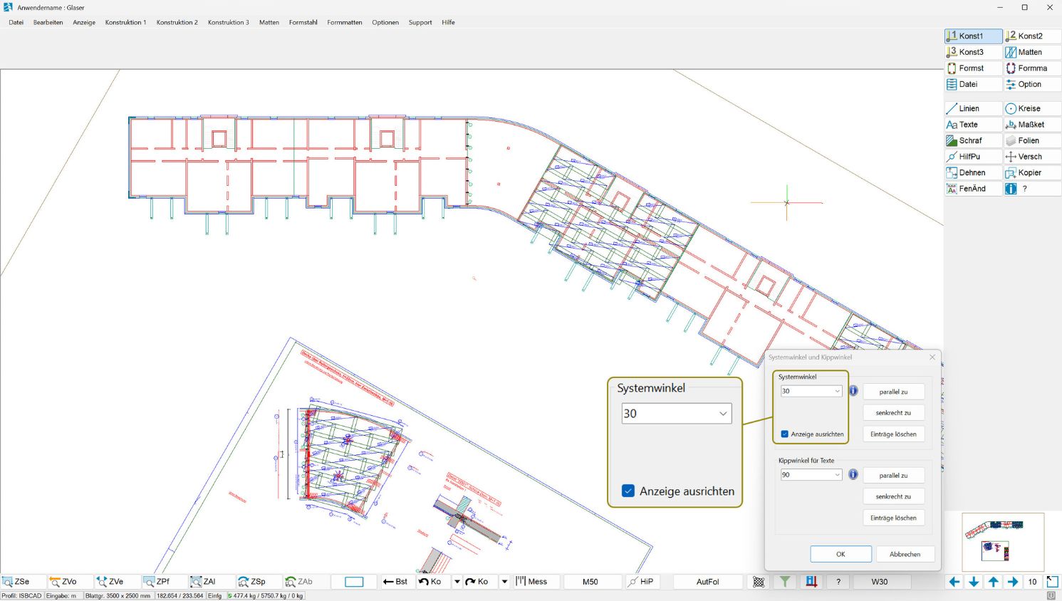 Screenshot von ISBCAD mit der Funktion "Arbeitsfläche drehen"
