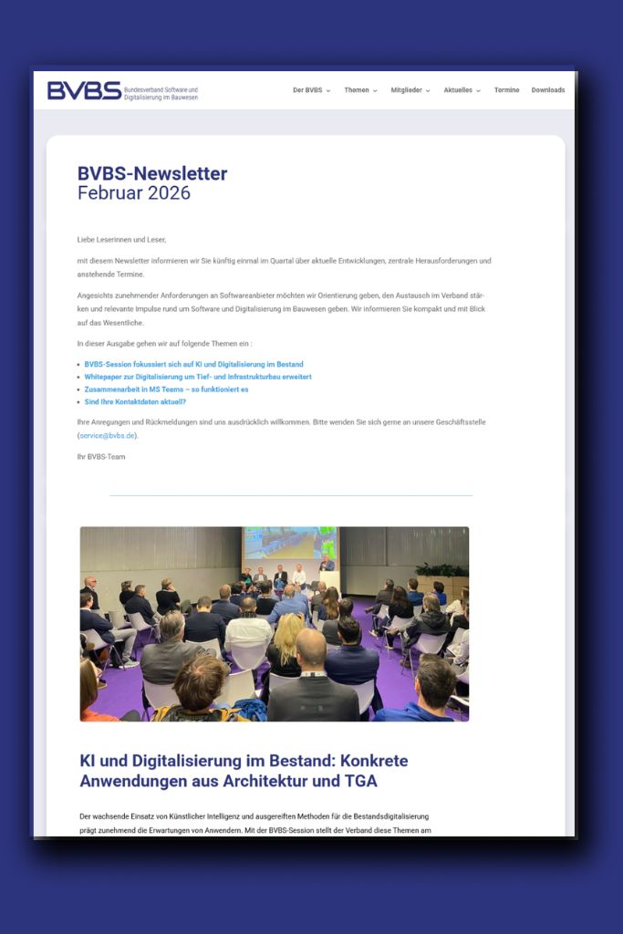 Vorschau-Darstellung eines Ausschnitts des BVBS-Newsletters auf blauem Grund