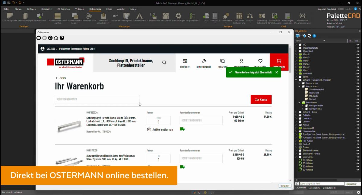 Screenshot der Software PaletteCAD mit Schnittstelle zu Ostermann