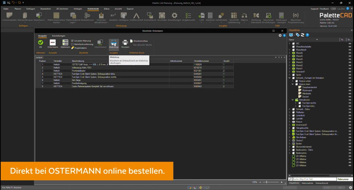 Dunkler Screenshot der Software PaletteCAD mit Schnittstelle zu Ostermann