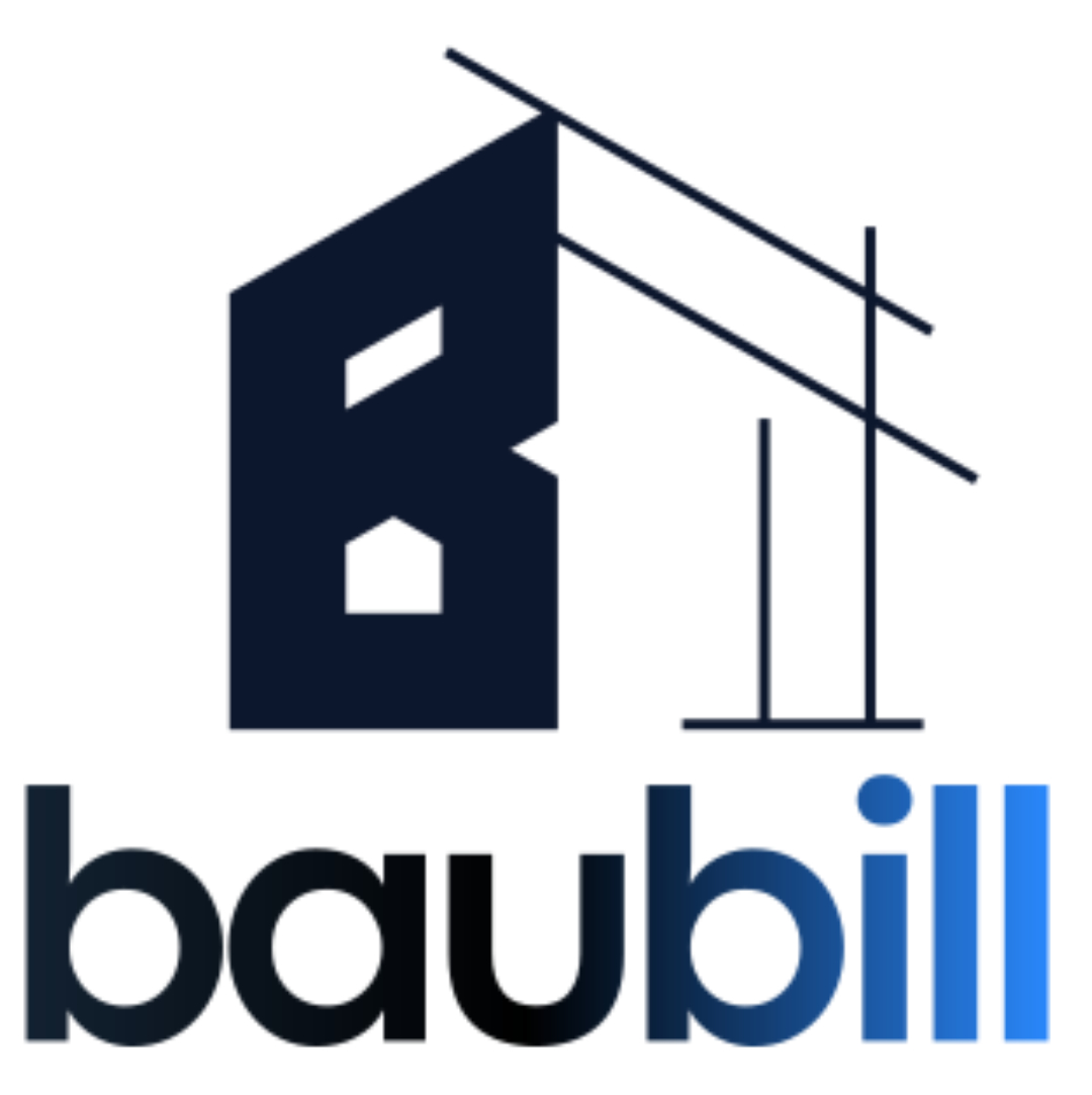 Schwarz-blaues Logo von baubill mit zu einer Bauskizze stilisiertem B