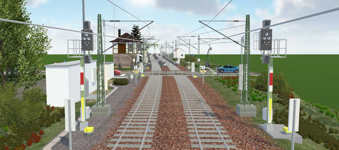 Visualisierung eines Bahnübergangs mit Straße, Auto, Zeichen, erstellt in Card1