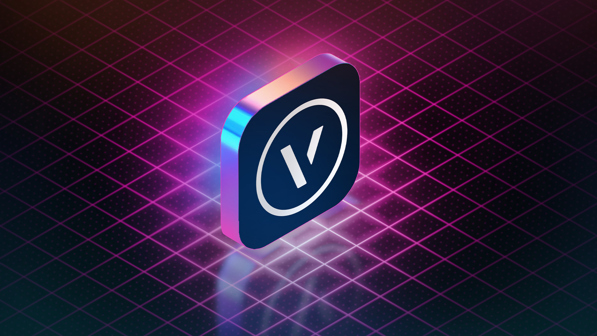 Aufrecht stehendes dreidimensionales Vectorworks Logo auf gerasterter Fläche 