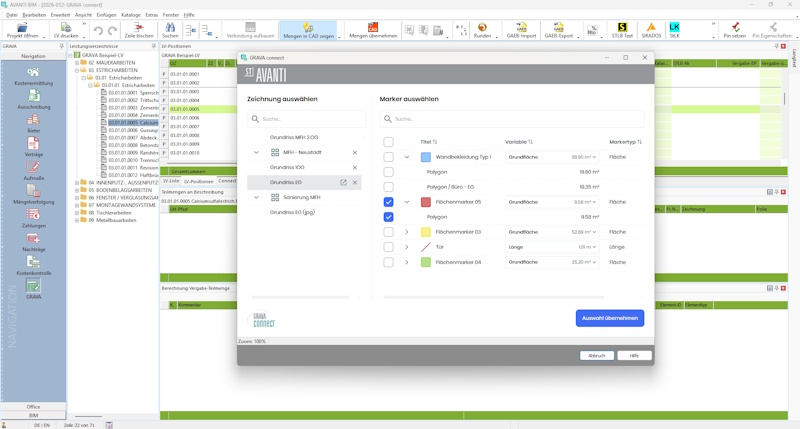 Screenshot aus der Software Avanti von Softtech mit Mengenübernahme-Funktion